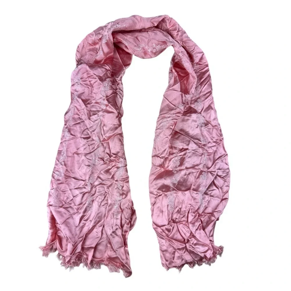 Vintage Bambergers Made in France Pink  Scarf White Floral Embroidery Fringe 44”